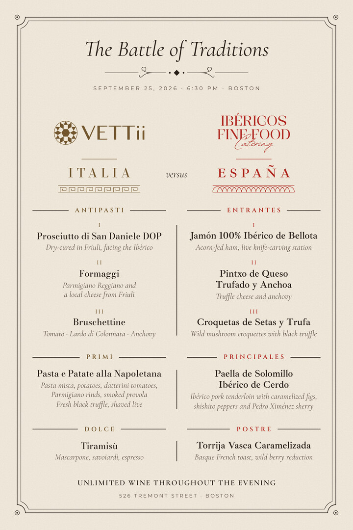 The menu for The Battle of Traditions: Italy and Spain side by side, three antipasti each, one main each, one dessert each.