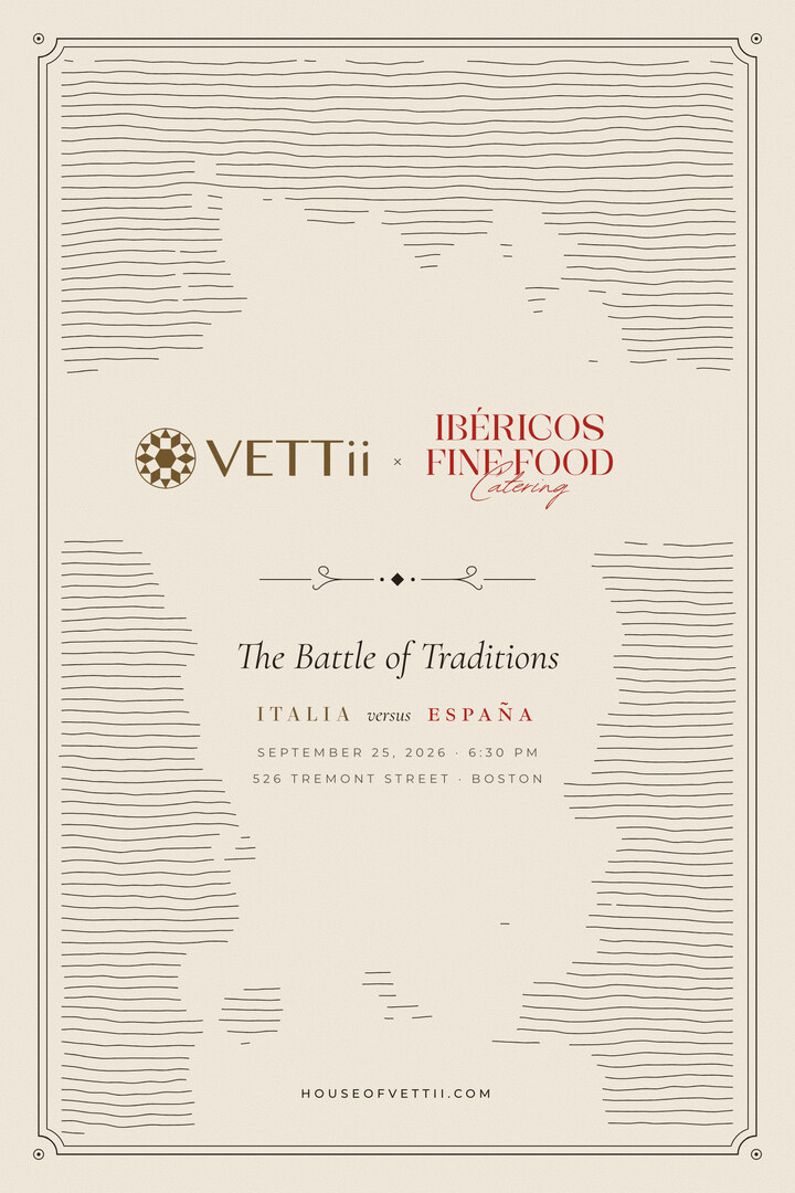 The cover of the menu: the House of VETTii and Ibericos Fine Food marks, the evening's title, September 25 2026 at 6:30 PM, 526 Tremont Street, Boston.